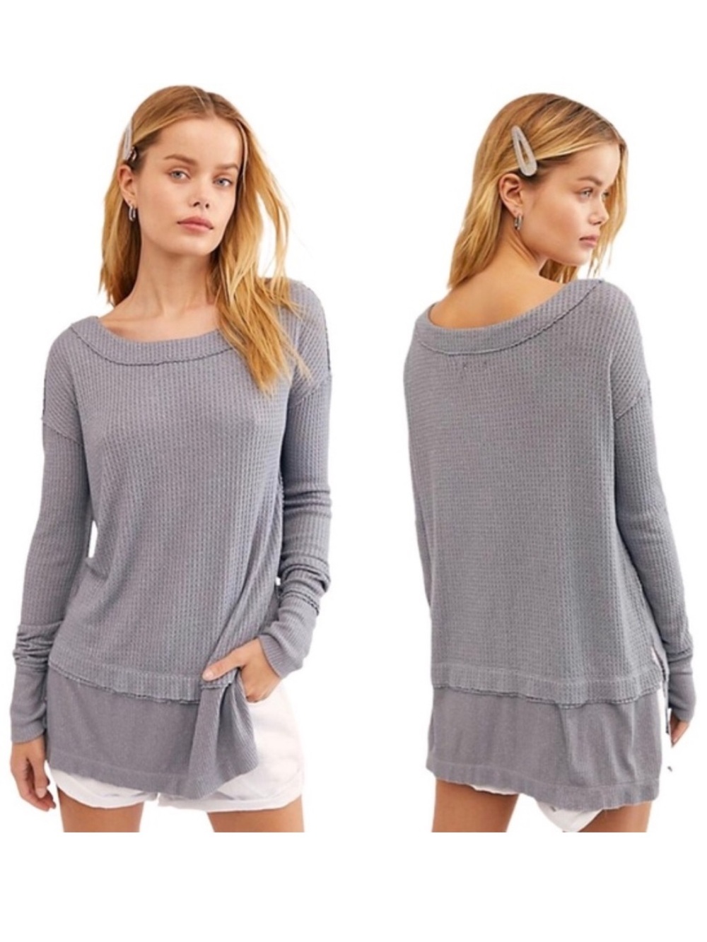 Free People North Shore Thermal Knit Tunic Top Gray SMALL oversized